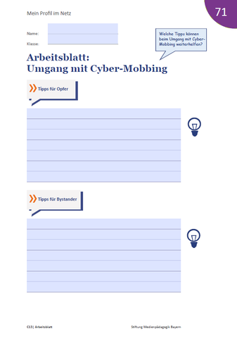 Arbeitsblatt: Mein Profil im Netz - Arbeitsblatt: Umgang mit Cyber-Mobbing