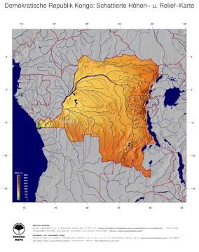 Karte: Landkarte Demokratische Republik Kongo (Staatsgrenzen und Hauptstadt): farbkodierte Topographie, schattiertes Relief