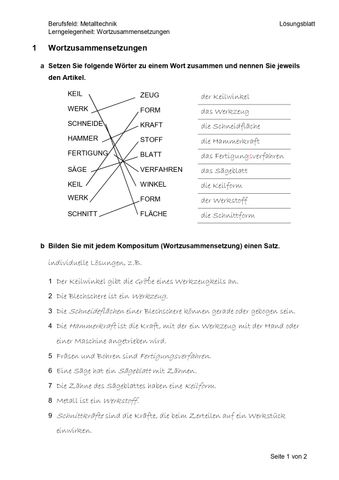 Arbeitsblatt: Komposita bilden (Lösung)