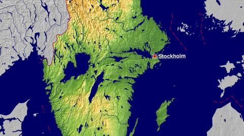 Karte: Landkarte Schweden (Staatsgrenzen und Hauptstadt): farbkodierte Topographie, schattiertes Relief