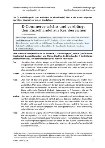 Unterrichtsplanung: LS 1.4 Die Besonderheiten und Anforderungen im E-Commerce analysieren | Exemplarisches Unterrichtsmaterial