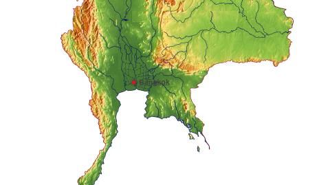 Karte: Landkarte Thailand (Staatsgrenzen und Hauptstadt): farbkodierte Topographie, schattiertes Relief