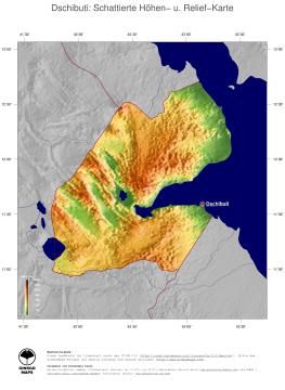 Karte: Landkarte Dschibuti (Staatsgrenzen und Hauptstadt): farbkodierte Topographie, schattiertes Relief