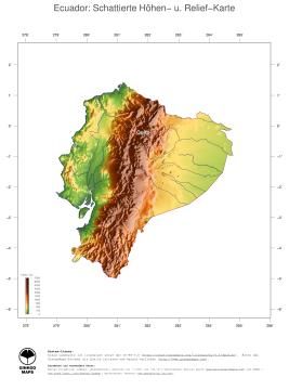 Karte: Landkarte Ecuador (Staatsgrenzen und Hauptstadt): farbkodierte Topographie, schattiertes Relief