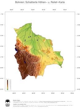 Karte: Landkarte Bolivien (Staatsgrenzen und Hauptstadt): farbkodierte Topographie, schattiertes Relief
