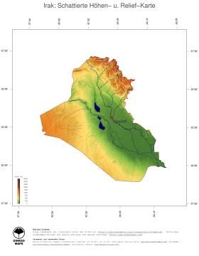 Karte: Landkarte Irak (Staatsgrenzen und Hauptstadt): farbkodierte Topographie, schattiertes Relief