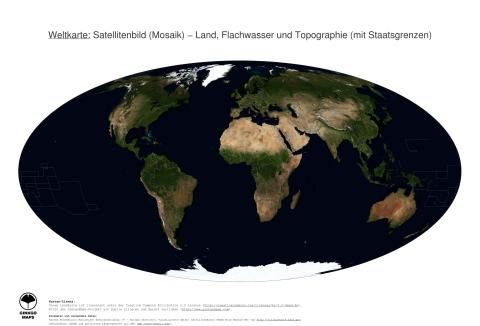 Karte: Weltkarte (Land, Flachwasser und Topographie (mit Staatsgrenzen))