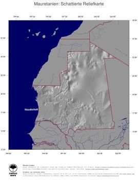 Karte: Landkarte Mauretanien (Staatsgrenzen und Hauptstadt): schattiertes Relief