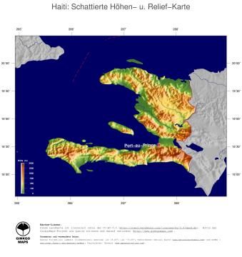 Karte: Landkarte Haiti (Staatsgrenzen und Hauptstadt): farbkodierte Topographie, schattiertes Relief
