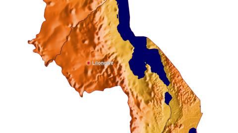 Karte: Landkarte Malawi (Staatsgrenzen und Hauptstadt): farbkodierte Topographie, schattiertes Relief