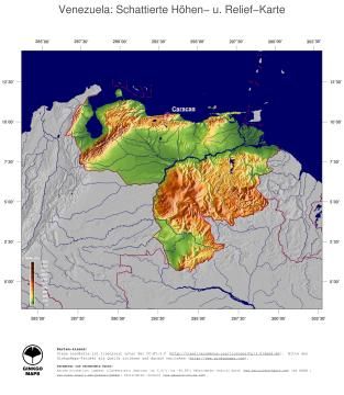 Karte: Landkarte Venezuela (Staatsgrenzen und Hauptstadt): farbkodierte Topographie, schattiertes Relief