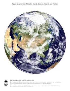 Karte: Landkarte Asien (Land, Ozeane, Meereis und Wolken)