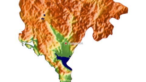 Karte: Landkarte Montenegro (Staatsgrenzen und Hauptstadt): farbkodierte Topographie, schattiertes Relief