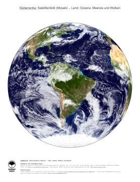 Karte: Landkarte Südamerika (Land, Ozeane, Meereis und Wolken)