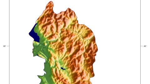 Karte: Landkarte Albanien (Staatsgrenzen und Hauptstadt): farbkodierte Topographie, schattiertes Relief