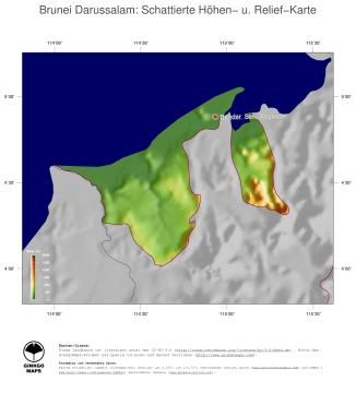Karte: Landkarte Brunei Darussalam (Staatsgrenzen und Hauptstadt): farbkodierte Topographie, schattiertes Relief
