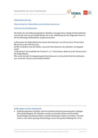 Arbeitsblatt: Flächenberechnung | Kraft eines Druckluftzylinders (DOCX)