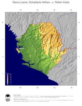 Karte: Landkarte Sierra Leone (Staatsgrenzen und Hauptstadt): farbkodierte Topographie, schattiertes Relief