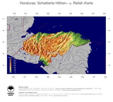 Karte: Landkarte Honduras (Staatsgrenzen und Hauptstadt): farbkodierte Topographie, schattiertes Relief