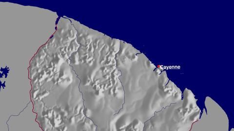 Karte: Landkarte Französisch Guayana (Staatsgrenzen und Hauptstadt / schattiertes Relief)