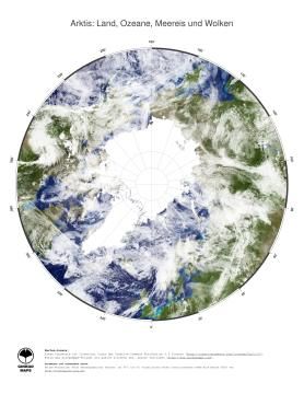 Karte: Landkarte Arktischer Ozean (Land, Ozeane, Meereis und Wolken)