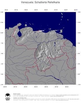 Karte: Landkarte Venezuela (Staatsgrenzen und Hauptstadt): schattiertes Relief