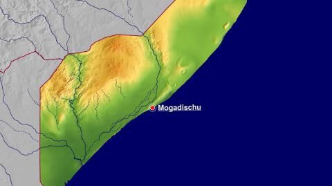 Karte: Landkarte Somalia (Staatsgrenzen und Hauptstadt): farbkodierte Topographie, schattiertes Relief