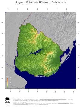 Karte: Landkarte Uruguay (Staatsgrenzen und Hauptstadt): farbkodierte Topographie, schattiertes Relief