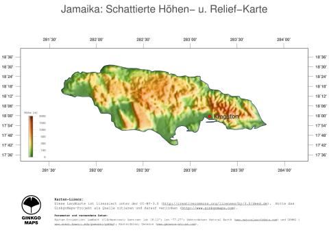 Karte: Landkarte Jamaika (Staatsgrenzen und Hauptstadt): farbkodierte Topographie, schattiertes Relief