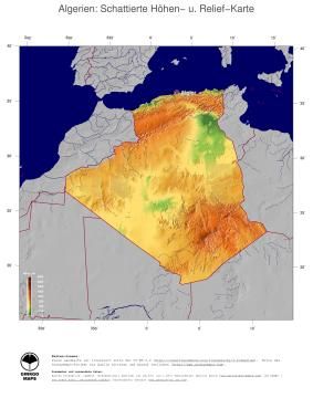 Karte: Landkarte Algerien (Staatsgrenzen und Hauptstadt): farbkodierte Topographie, schattiertes Relief