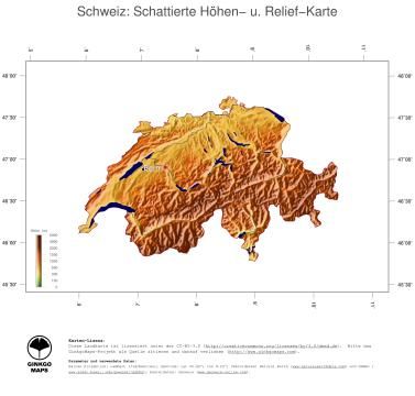 Karte: Landkarte Schweiz (Staatsgrenzen und Hauptstadt): farbkodierte Topographie, schattiertes Relief