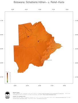Karte: Landkarte Botswana (Staatsgrenzen und Hauptstadt): farbkodierte Topographie, schattiertes Relief