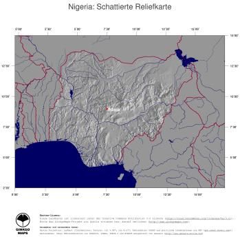 Karte: Landkarte Nigeria (Staatsgrenzen und Hauptstadt): schattiertes Relief