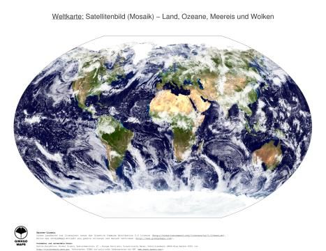Karte: Weltkarte (Land, Ozeane, Meereis und Wolken)