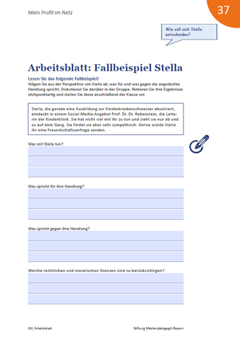 Arbeitsblatt: Mein Profil im Netz - Arbeitsblatt: Fallbeispiel Stella