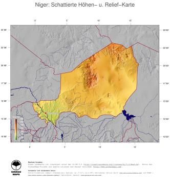 Karte: Landkarte Niger (Staatsgrenzen und Hauptstadt): farbkodierte Topographie, schattiertes Relief