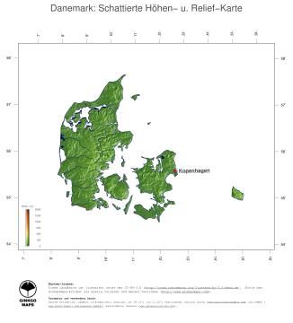 Karte: Landkarte Dänemark (Staatsgrenzen und Hauptstadt): farbkodierte Topographie, schattiertes Relief