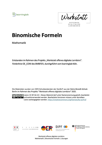 Arbeitsblatt: Binomische Formeln (Lösungen)