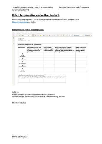 Unterrichtsbaustein: LS 9.2 Entscheidung für einen neuen Online-Vertriebskanal | Exemplarisches Unterrichtsmaterial Nr. 5: Retrospektive und Logbuch
