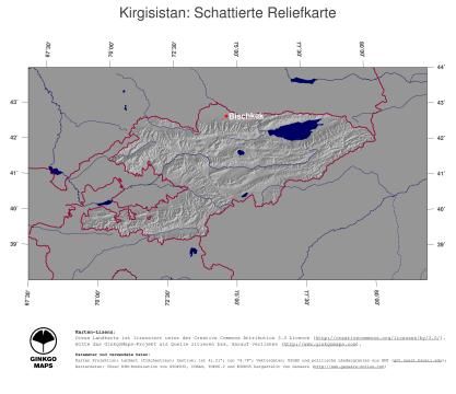 Karte: Landkarte Kirgisistan (Staatsgrenzen und Hauptstadt): schattiertes Relief