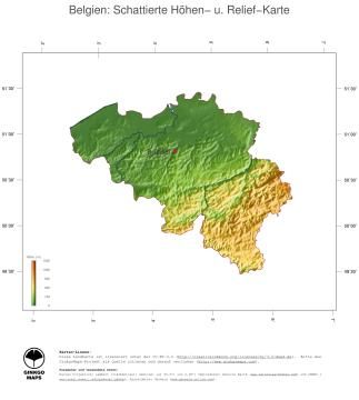 Karte: Landkarte Belgien (Staatsgrenzen und Hauptstadt): farbkodierte Topographie, schattiertes Relief