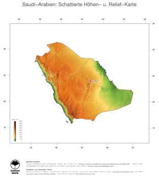 Karte: Landkarte Saudi Arabien (Staatsgrenzen und Hauptstadt): farbkodierte Topographie, schattiertes Relief