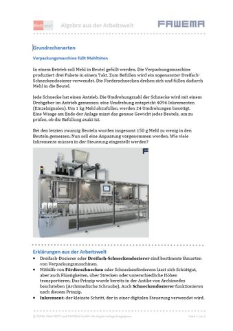 Arbeitsblatt: Grundrechenarten | Verpackungsmaschine füllt Mehltüten (DOCX)