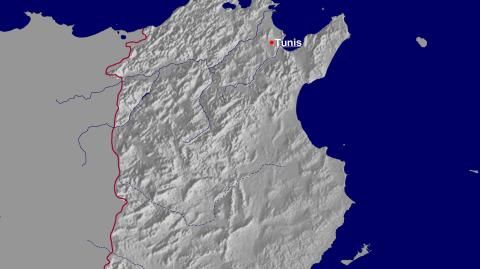 Karte: Landkarte Tunesien (Staatsgrenzen und Hauptstadt): schattiertes Relief