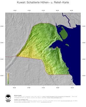 Karte: Landkarte Kuwait (Staatsgrenzen und Hauptstadt): farbkodierte Topographie, schattiertes Relief