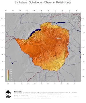 Karte: Landkarte Simbabwe (Staatsgrenzen und Hauptstadt): farbkodierte Topographie, schattiertes Relief