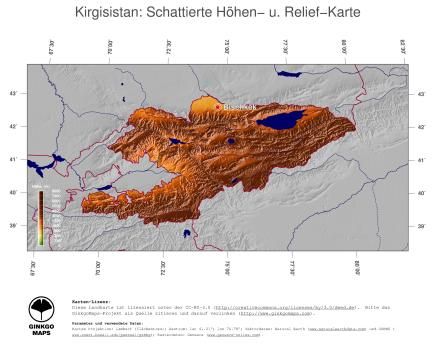 Karte: Landkarte Kirgisistan (Staatsgrenzen und Hauptstadt): farbkodierte Topographie, schattiertes Relief
