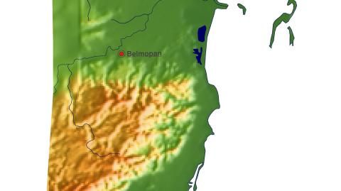 Karte: Landkarte Belize (Staatsgrenzen und Hauptstadt): farbkodierte Topographie, schattiertes Relief