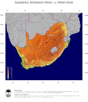 Karte: Landkarte Südafrika (Staatsgrenzen und Hauptstadt): farbkodierte Topographie, schattiertes Relief