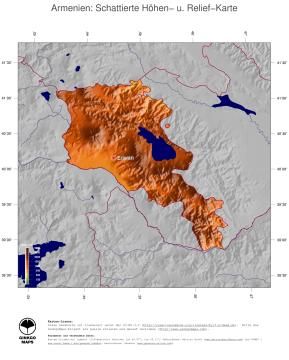 Karte: Landkarte Armenien (Staatsgrenzen und Hauptstadt): farbkodierte Topographie, schattiertes Relief